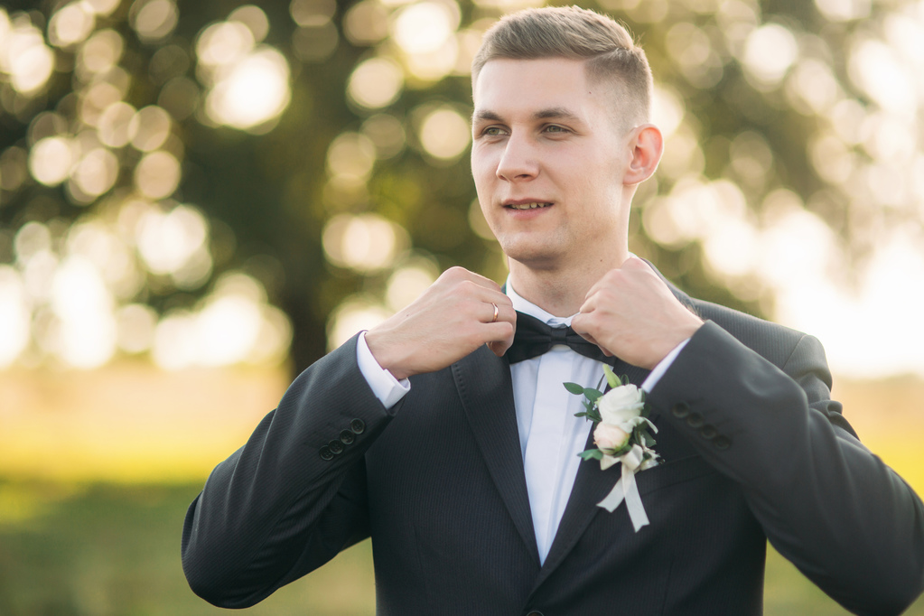 Groom adjusts the bow tie. Handsome man standing in the middle of field in the background of big tree