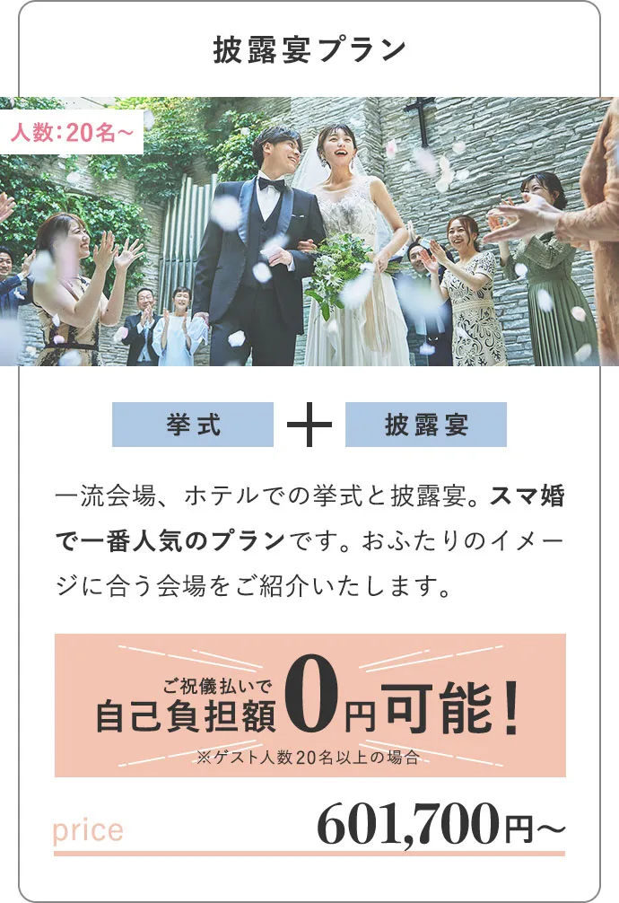 披露宴プラン 人数：20名〜 挙式+披露宴 601,700円〜