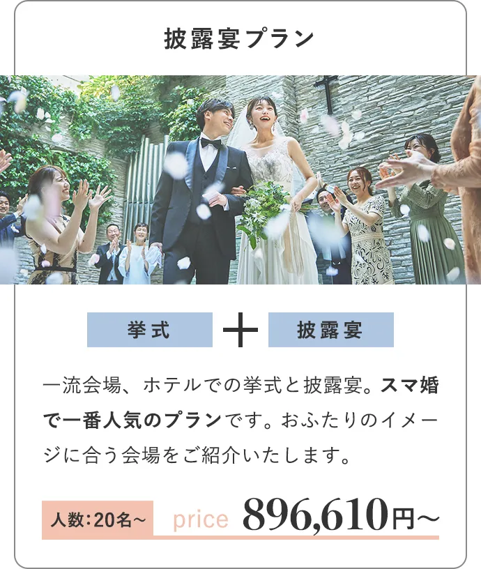 披露宴プラン 人数：20名〜 挙式+披露宴 896,610円〜