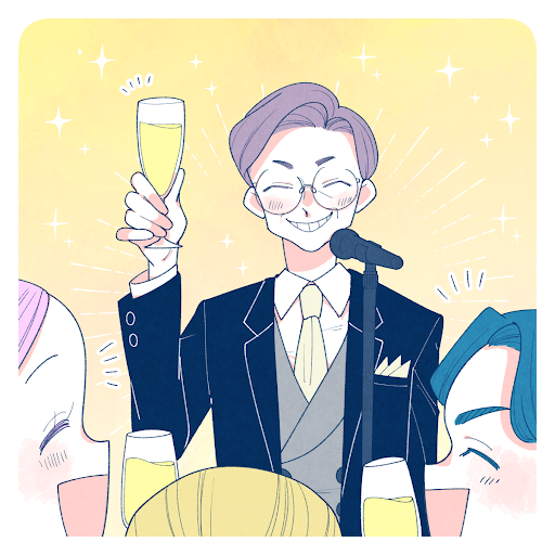 結婚式で、新郎の上司が、乾杯挨拶をしているイラスト